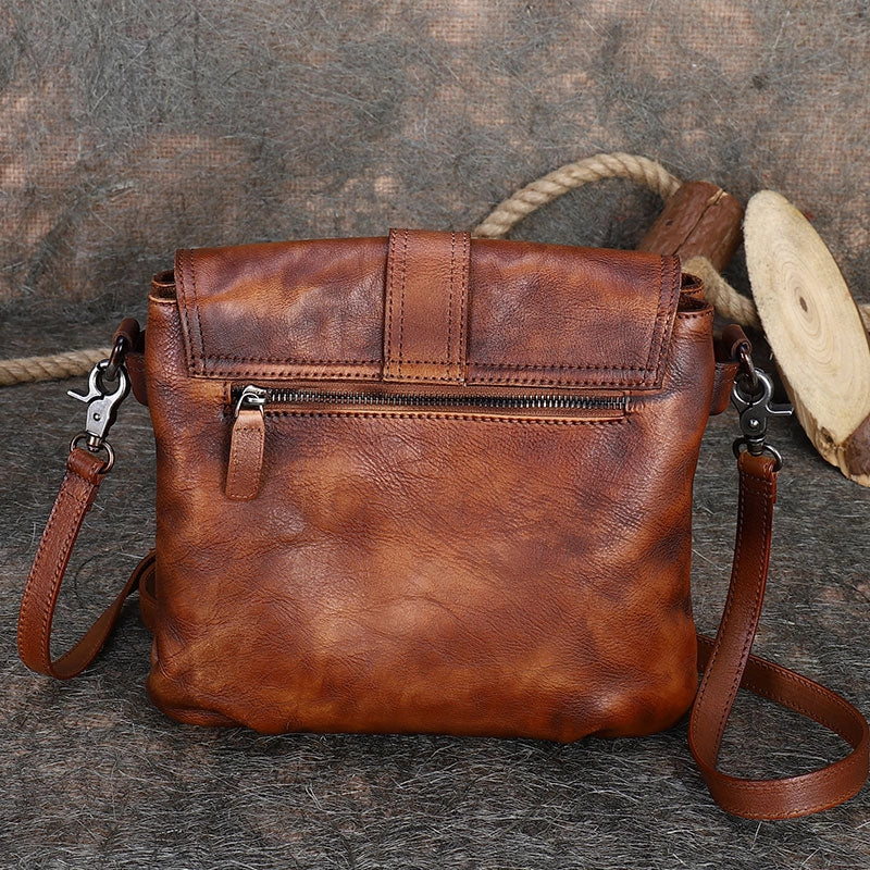 Handmade Brown Leather Womens Square Shoulder Bag School Crossbody Purse for Women