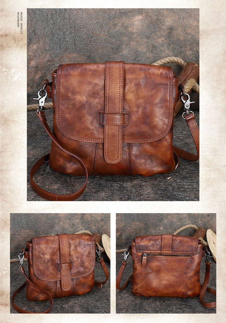 Handmade Brown Leather Womens Square Shoulder Bag School Crossbody Purse for Women