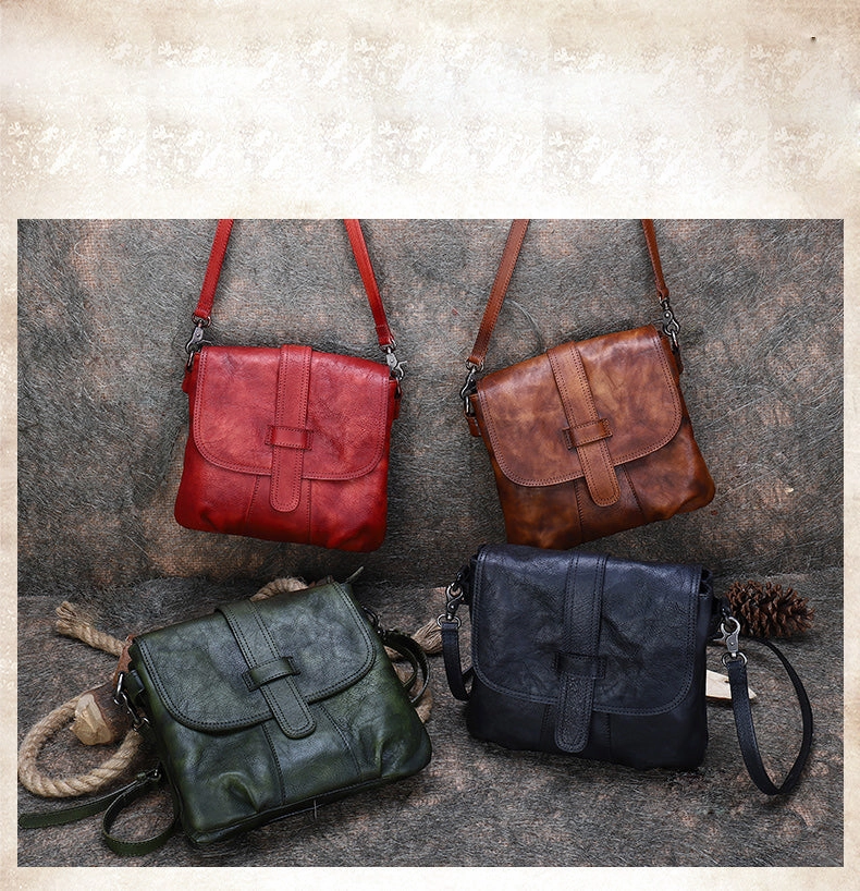 Handmade Brown Leather Womens Square Shoulder Bag School Crossbody Purse for Women