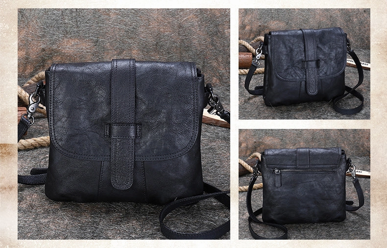 Handmade Brown Leather Womens Square Shoulder Bag School Crossbody Purse for Women