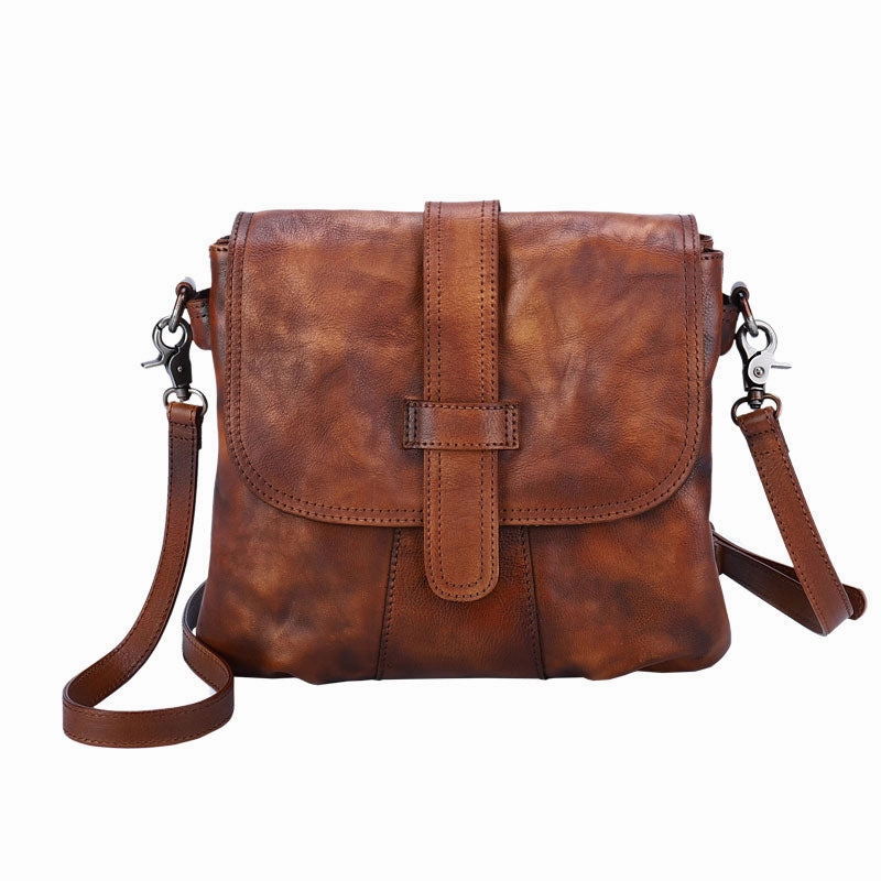 Handmade Brown Leather Womens Square Shoulder Bag School Crossbody Purse for Women