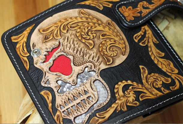 Handmade chain wallet biker wallet leather punk skull carved biker wallet chian Long wallet clutch for men