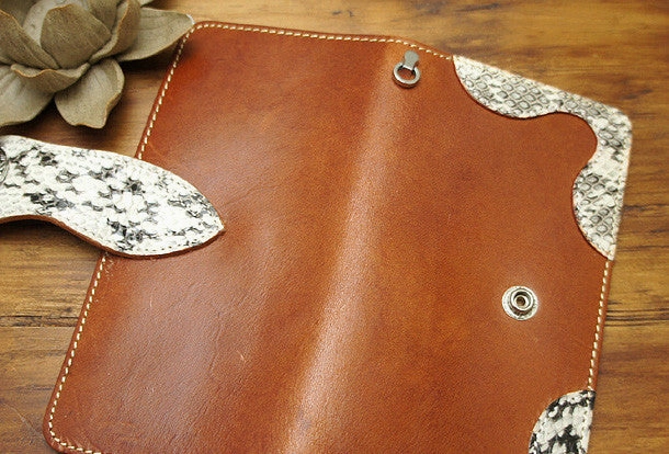 Handmade coffee biker wallet snake skin leather with chain Long wallet purse for men