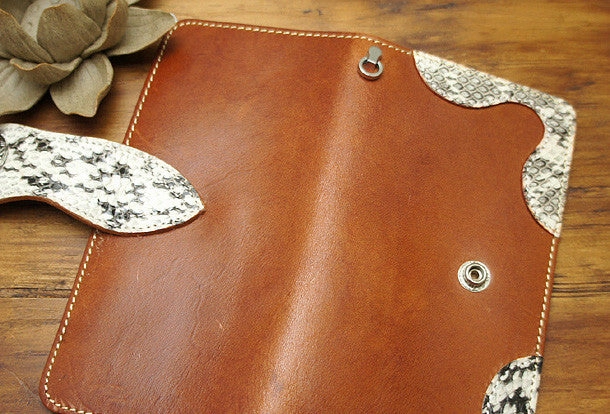 Handmade coffee biker wallet snake skin leather with chain Long wallet purse for men
