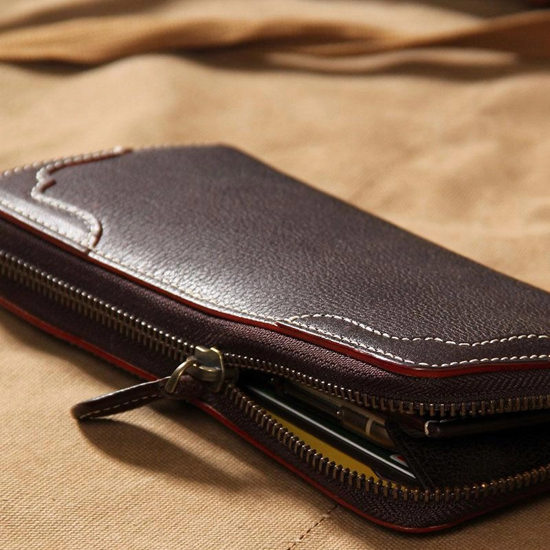 Handmade Cool Leather Black Mens Long Wallet Vintage Zipper Long Wallet for Men