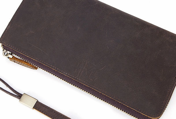 Handmade Genuine Leather Long Wallet Zip Bifold Wallet Purse Clutch Bag For Mens