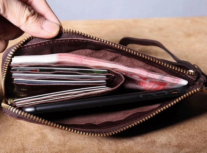 Handmade Genuine Leather Mens Cool Biker Chain Wallet Long Leather Wallet Slim Clutch Wristlet Wallet for Men
