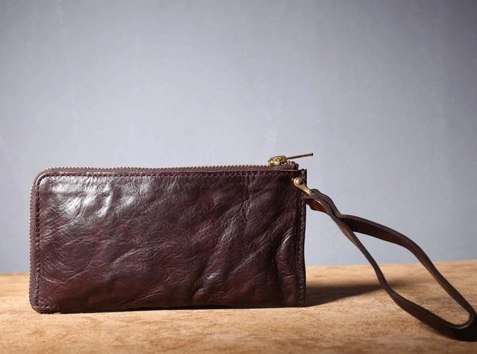 Handmade Genuine Leather Mens Cool Biker Chain Wallet Long Leather Wallet Slim Clutch Wristlet Wallet for Men