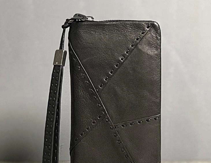 Handmade Genuine Leather Mens Cool Long Leather Wallet Biker Wallet Zipper Clutch Wristlet Wallet for Men