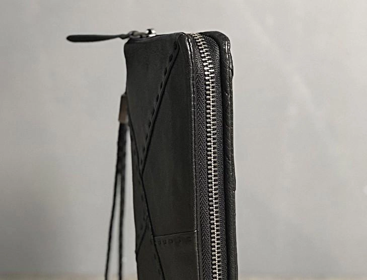 Handmade Genuine Leather Mens Cool Long Leather Wallet Biker Wallet Zipper Clutch Wristlet Wallet for Men