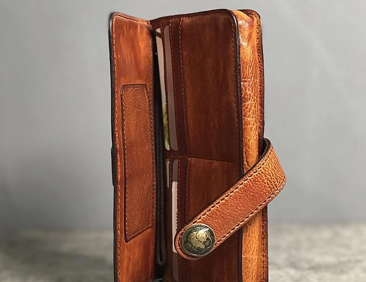 Handmade Genuine Leather Mens Cool Long Leather Wallet Biker Wallet Zipper Clutch Wristlet Wallet for Men