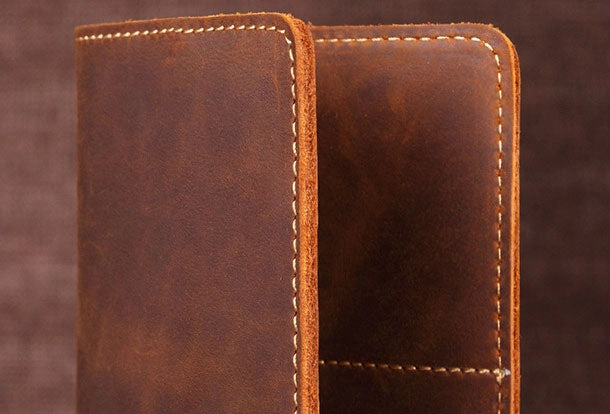 Handmade Genuine Leather Slim Wallet Bifold Long Wallet Passport Purse Bag For Mens