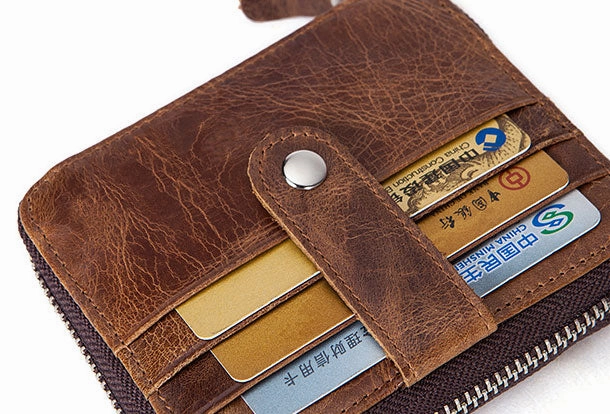 Handmade Genuine Leather Slim Zip Cards Wallet billfold Wallet Coin Purse Bag For Mens