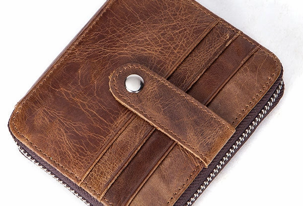 Handmade Genuine Leather Slim Zip Cards Wallet billfold Wallet Coin Purse Bag For Mens
