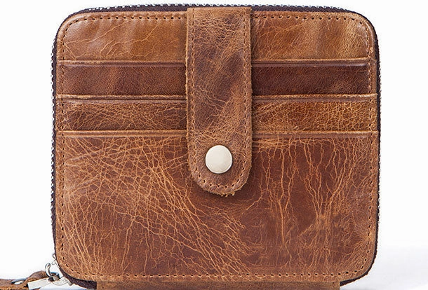 Handmade Genuine Leather Slim Zip Cards Wallet billfold Wallet Coin Purse Bag For Mens