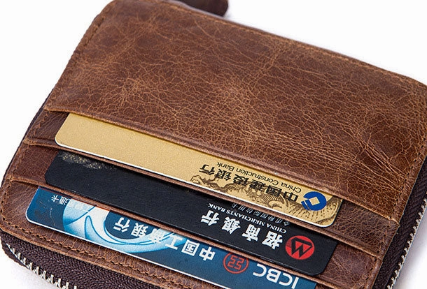 Handmade Genuine Leather Slim Zip Cards Wallet billfold Wallet Coin Purse Bag For Mens