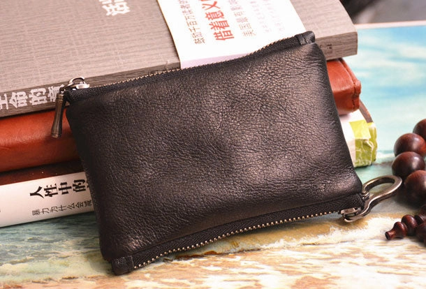 Handmade Genuine Leather Slim Zip Wallet billfold Wallet Coin Purse Bag For Mens
