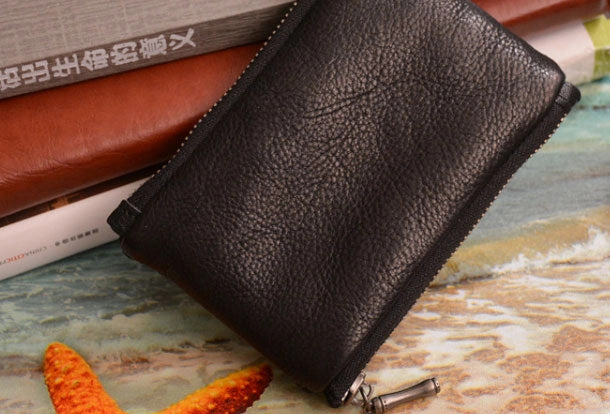 Handmade Genuine Leather Slim Zip Wallet billfold Wallet Coin Purse Bag For Mens