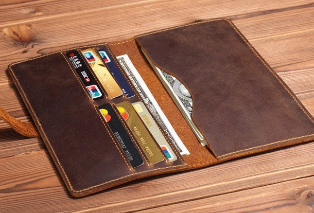 Handmade Genuine Leather Wallet Long Leather Wallet Bifold Wallet Bag For Mens