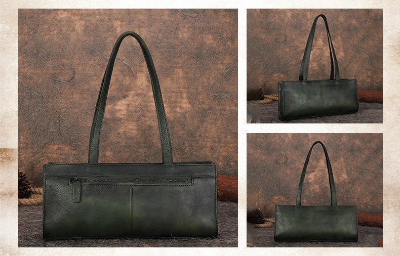 Handmade Green Leather Womens Vintage Baguette Bag Best Baguette Shoulder Bag Crossbody Purses for Ladies
