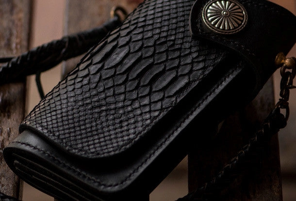 Handmade leather biker chain trucker wallet leather men Black snake skin Tooled wallet