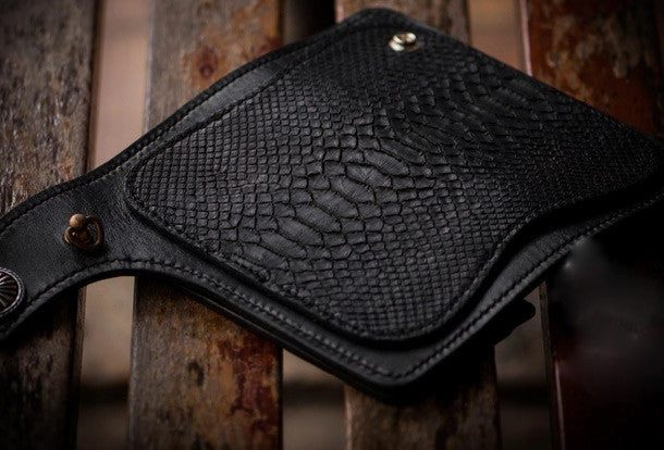 Handmade leather biker chain trucker wallet leather men Black snake skin Tooled wallet