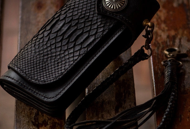 Handmade leather biker chain trucker wallet leather men Black snake skin Tooled wallet