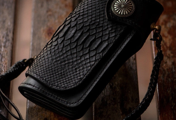 Handmade leather biker chain trucker wallet leather men Black snake skin Tooled wallet