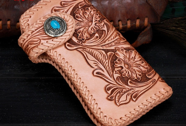 Handmade leather biker trucker beige floral wallet leather chain men Black Tooled wallet