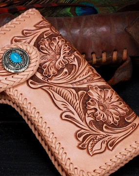 Handmade leather biker trucker beige floral wallet leather chain men Black Tooled wallet