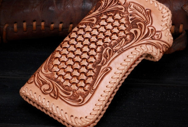 Handmade leather biker trucker beige floral wallet leather chain men Black Tooled wallet