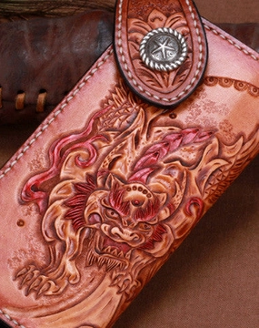 Handmade leather biker trucker brown lion wallet leather chain men Black Tooled wallet