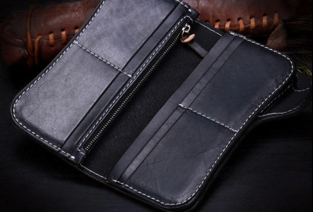Handmade leather biker trucker Long Ganesha wallet leather chain men Brown Tooled wallet