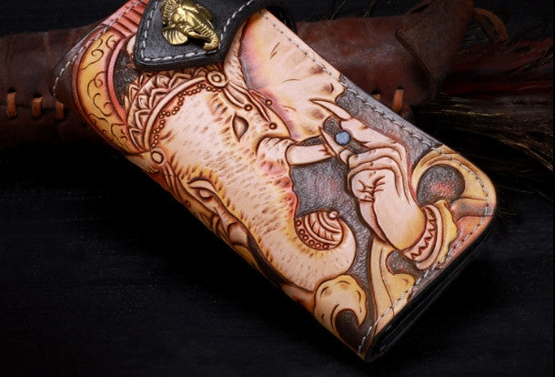 Handmade leather biker trucker Long Ganesha wallet leather chain men Brown Tooled wallet
