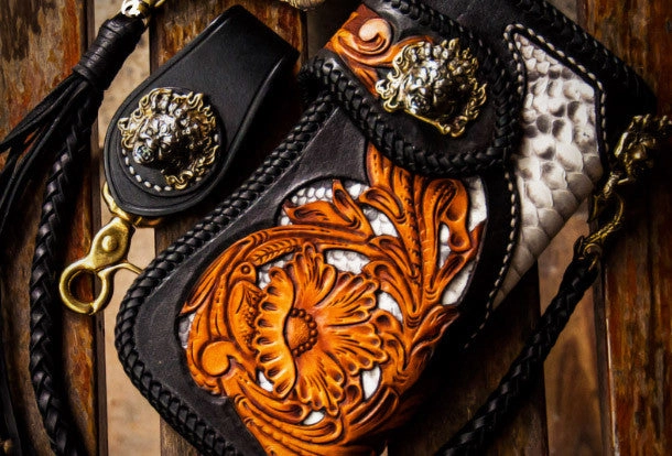 Handmade leather biker trucker wallet black floral leather chain men Carved Tooled wallet