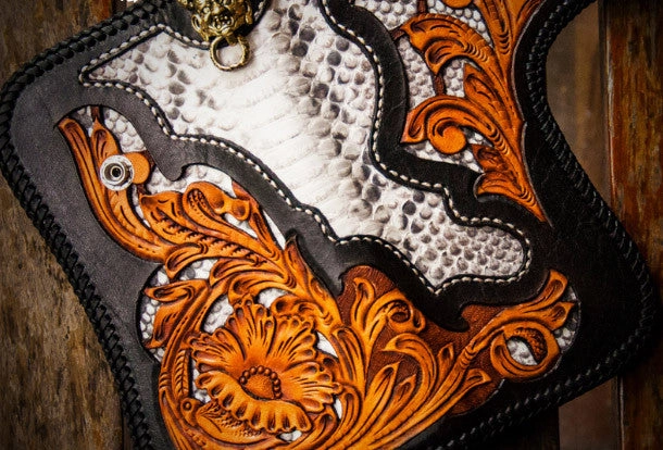 Handmade leather biker trucker wallet black floral leather chain men Carved Tooled wallet