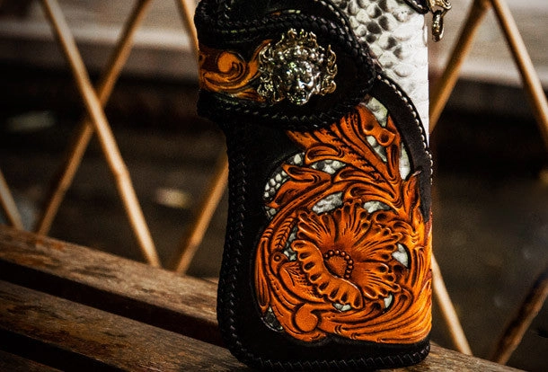 Handmade leather biker trucker wallet black floral leather chain men Carved Tooled wallet