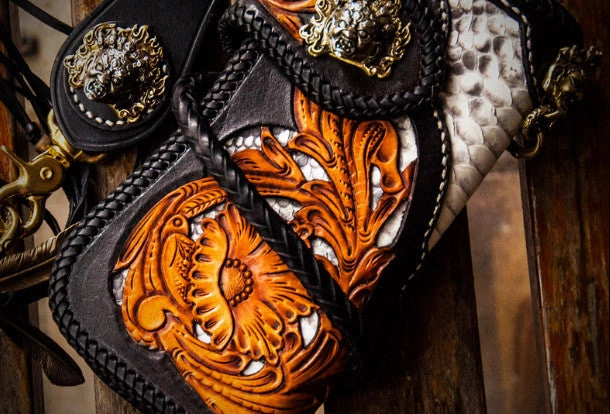 Handmade leather biker trucker wallet black floral leather chain men Carved Tooled wallet