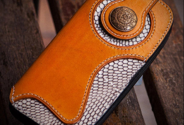 Handmade leather biker trucker wallet Brown boa skin leather chain men wallet
