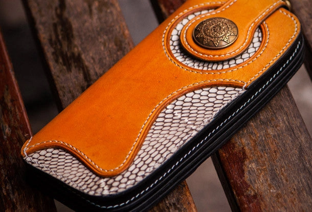 Handmade leather biker trucker wallet Brown boa skin leather chain men wallet