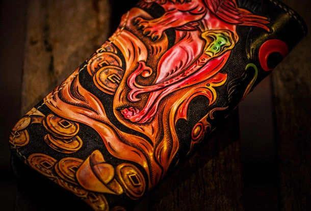 Handmade leather biker trucker wallet leather chain men monster Black Carved Tooled wallet