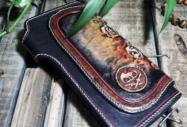 Handmade leather Biker wallet trucker wallet chain wallet long skull wallets leather men Black Tooled wallet