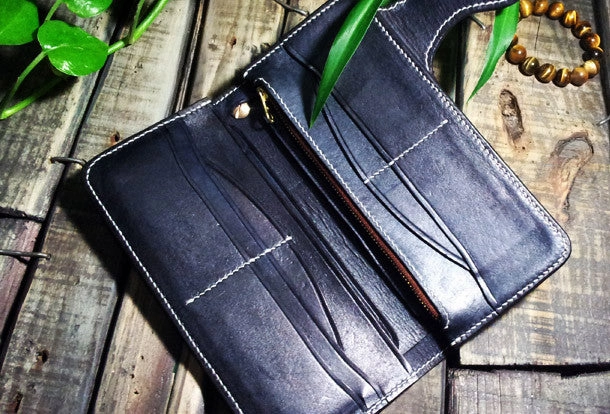 Handmade leather Biker wallet trucker wallet chain wallet long skull wallets leather men Black Tooled wallet