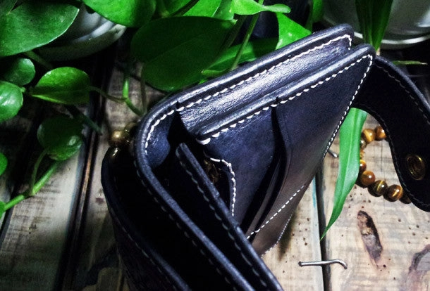 Handmade leather Biker wallet trucker wallet chain wallet long skull wallets leather men Black Tooled wallet