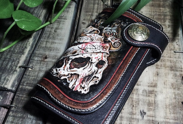 Handmade leather Biker wallet trucker wallet chain wallet long skull wallets leather men Black Tooled wallet