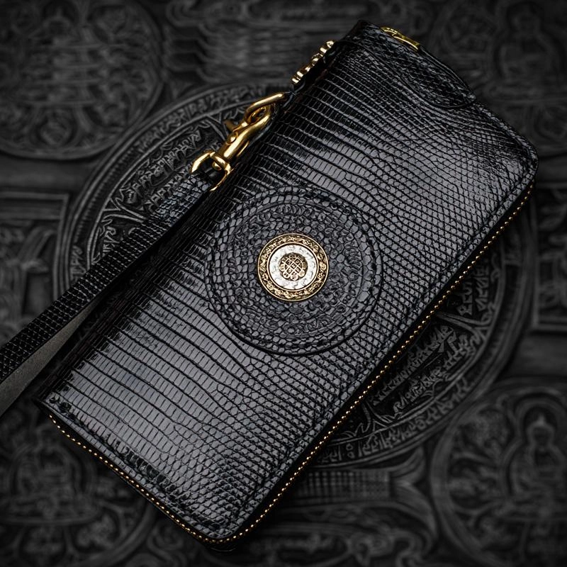 Handmade Leather Black LIZARD SKIN Chain Wallet Mens Biker Wallet Cool Leather Wallet Long Wallets for Men