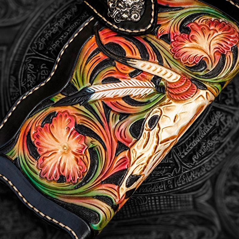 Handmade Leather Black Mens Tooled Skull Chain Biker Wallet Cool Leather Wallet Long Clutch Wallets for Men