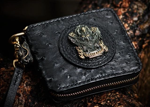 Handmade Leather Black Small Biker Wallet Mens Cool billfold Chain Wallet Trucker Wallet with Chain
