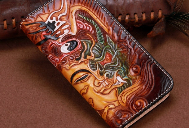 Handmade leather Brown Long Buddha devil wallet leather men clutch Tooled wallet
