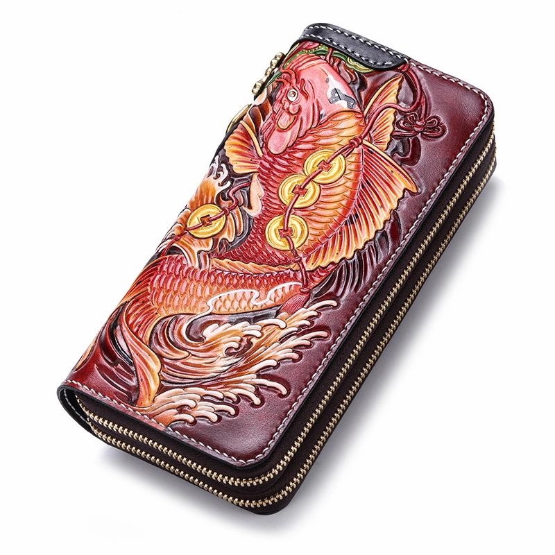 Handmade Leather Carp Mens Zipper Biker Wallet Cool Leather Chain Wallets Long Tooled Wallets for Men